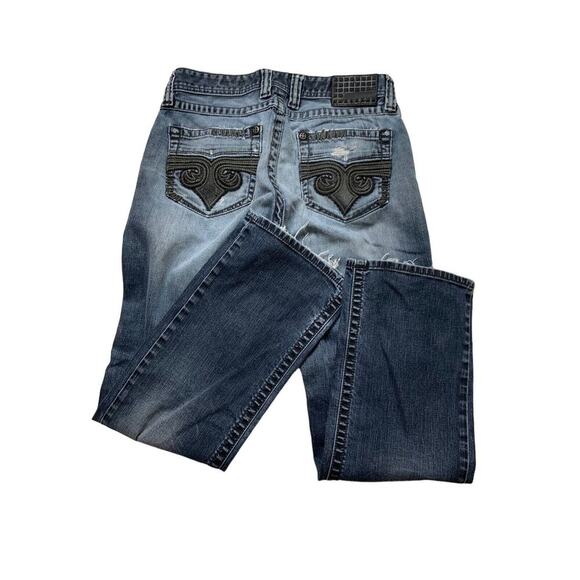 Affliction Cooper Buckle Denim Jeans 32R Distressed Dark Wash Stretch Blue - Picture 4 of 13